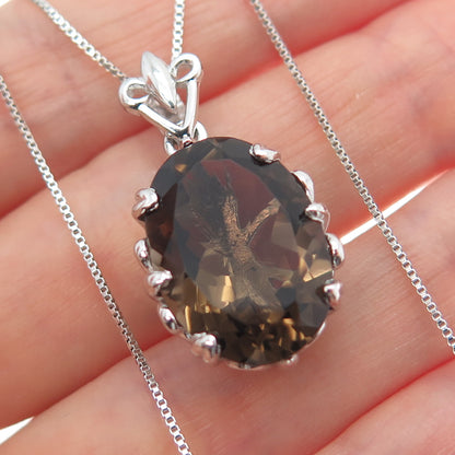 925 Sterling Silver Real Smoky Quartz Fleur de Lis Box Chain Necklace 18"
