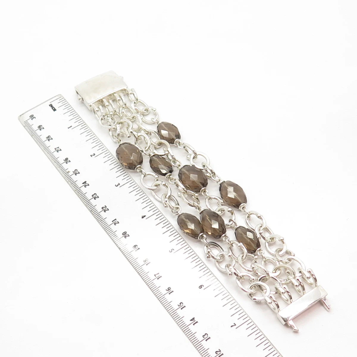 925 Sterling Silver Vintage M. Dawkins Smoky Quartz Oval Link Bracelet 6 3/4"