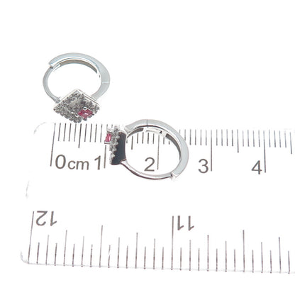 925 Sterling Silver Princess-Cut Pink & Round-Cut White C Z Hoop Earrings