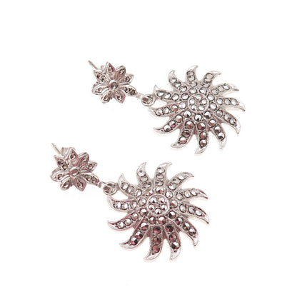925 Sterling Silver Antique Art Deco Real Marcasite Floral Dangle Earrings
