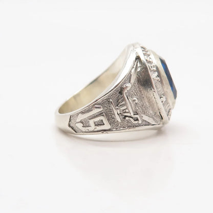 925 Sterling Silver Vintage Blue Glass "1967 Assumption" School Ring Size 5.5