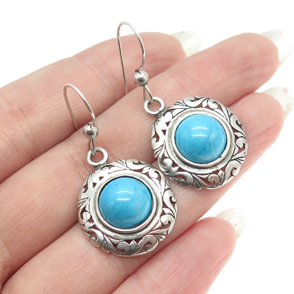 JEZLAINE 9925 Sterling Silver Vintage Mexico Real Turquoise Gem Ethnic Earrings