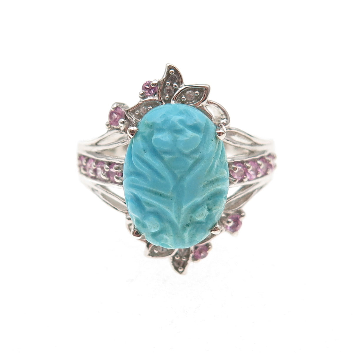 Chuck Clemency 925 Sterling Real Turquoise Pink & White Topaz Floral Ring Size 8