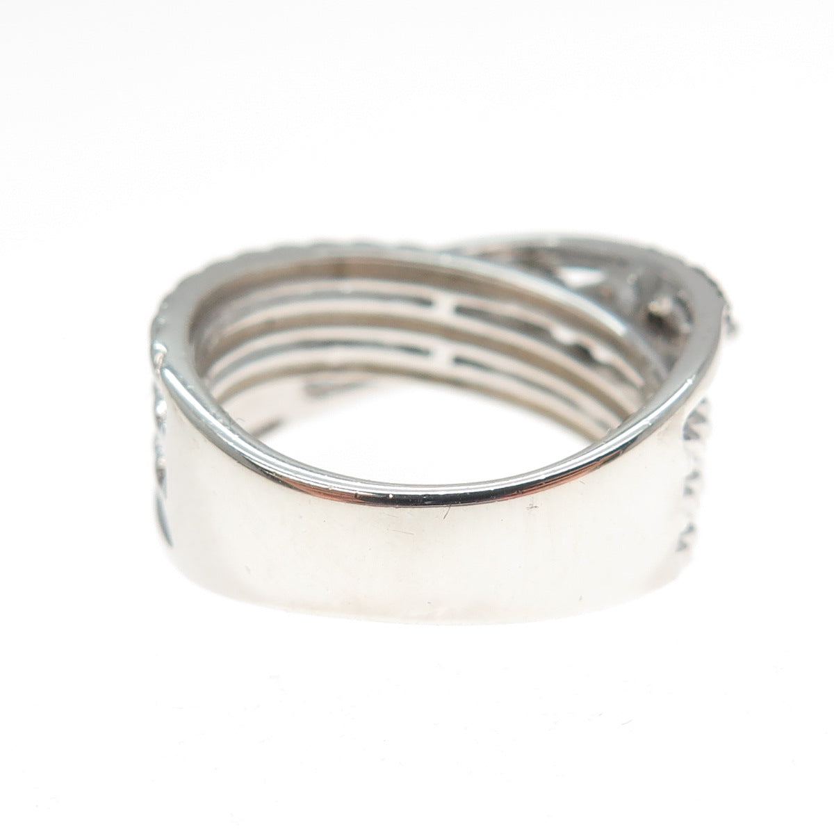 925 Sterling Silver Real Round-Cut Black Diamond Crisscross Ring Size 6.25