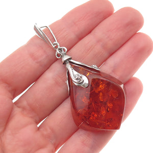 925 Sterling Silver Vintage BK Poland Real Amber Modernist Oxidized Pendant