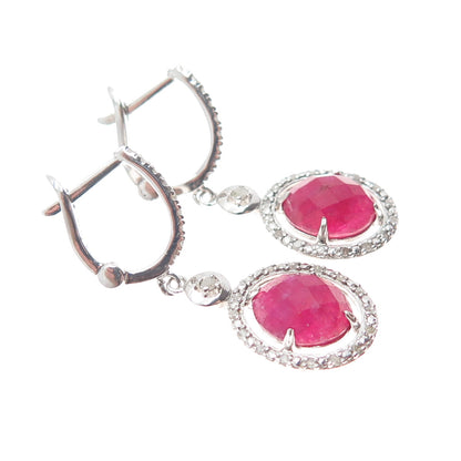 925 Sterling Silver Real Diamond & Oval-Cut Ruby Dangle Earrings