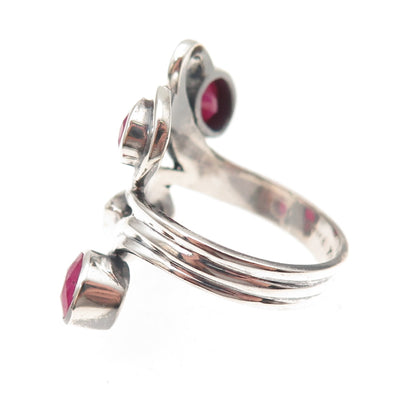 925 Sterling Silver Vintage Real Ruby Modernist Swirl Oxidized Ring Size 9