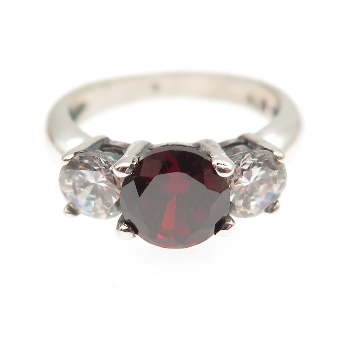 925 Sterling Silver Vintage Real Round-Cut Red Garnet & C Z Ring Size 6