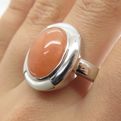 925 Sterling Silver Real Mother-of-Pearl & Peach Jade Gemstone Ring Size 11