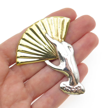 925 Sterling Silver 2-Tone Vintage Mexico Lady Hand & Fan Pin Brooch