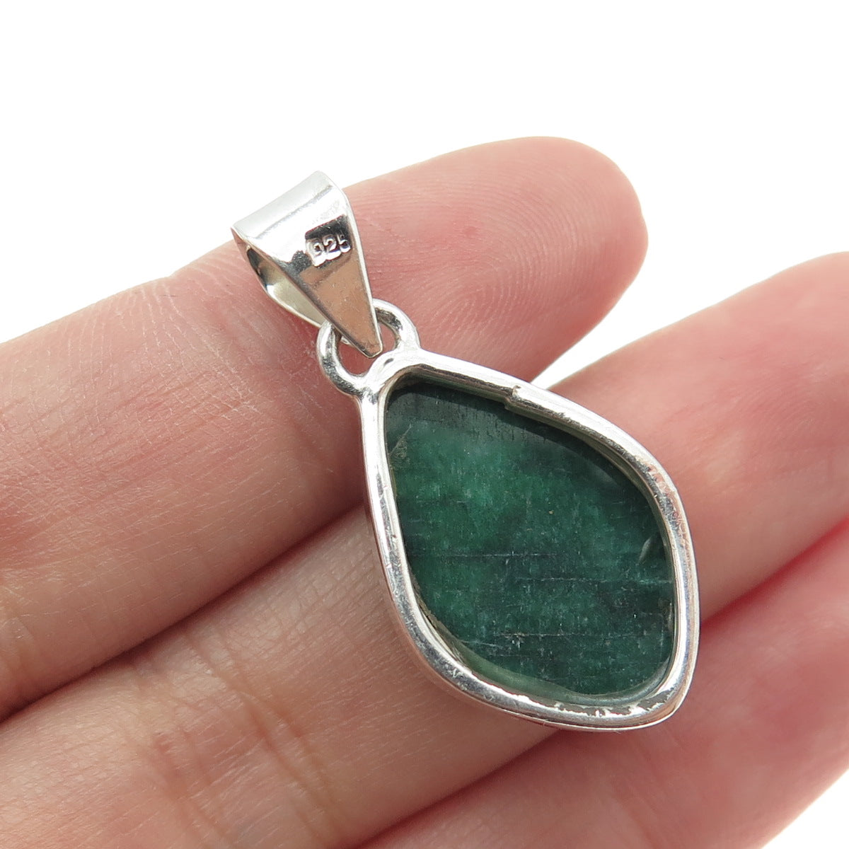 925 Sterling Silver Vintage Real Emerald Modernist Pendant