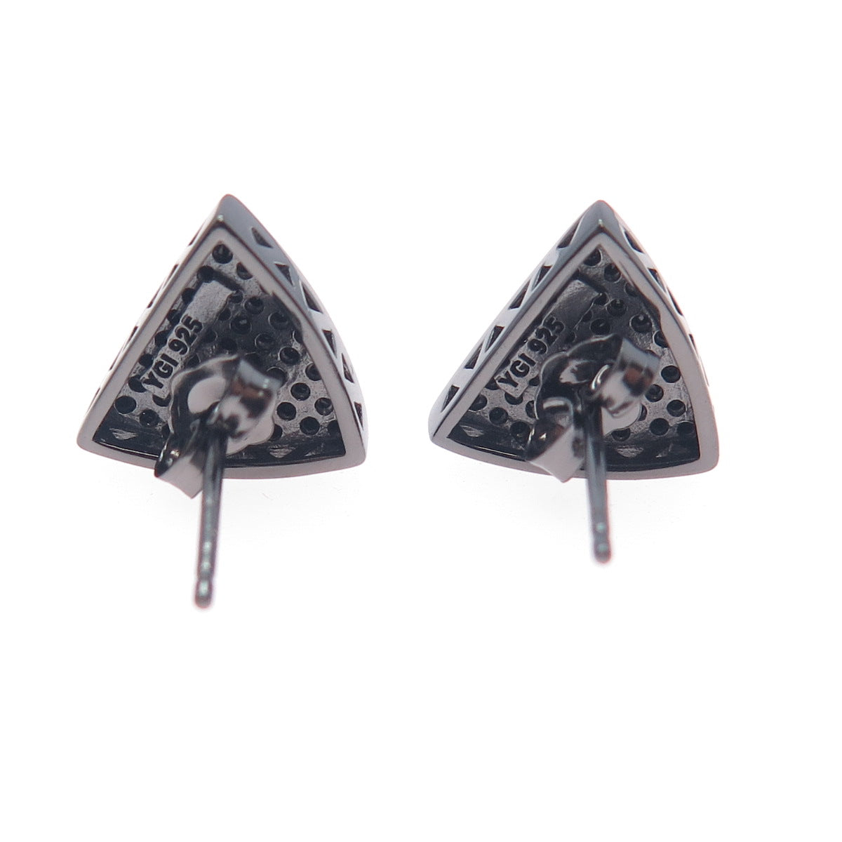 925 Sterling Silver Black Rhodium Round-Cut C Z Triangle Stud Earrings