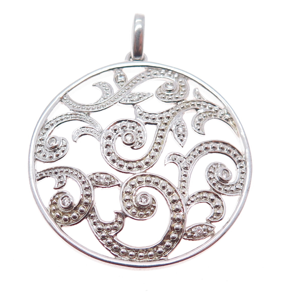 925 Sterling Silver Real Round-Cut Diamond Floral Scroll Charm Pendant