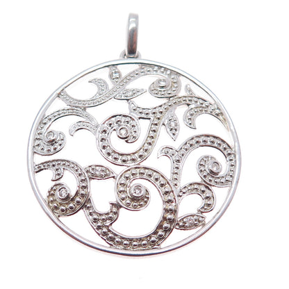 925 Sterling Silver Real Round-Cut Diamond Floral Scroll Charm Pendant
