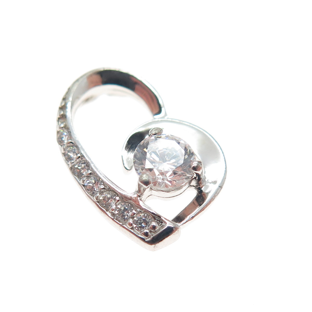 925 Sterling Silver Round-Cut C Z Heart Minimalist Slide Charm Pendant