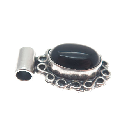 925 Sterling Silver Vintage Real Black Onyx Floral Oxidized Slide Pendant