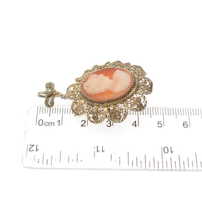 900 Silver Gold Plated Vintage Real MOP Carved Lady Cameo Pin Brooch / Pendant