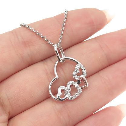 925 Sterling Silver Italy C Z Open Heart Pendant Rolo Chain Necklace 14"