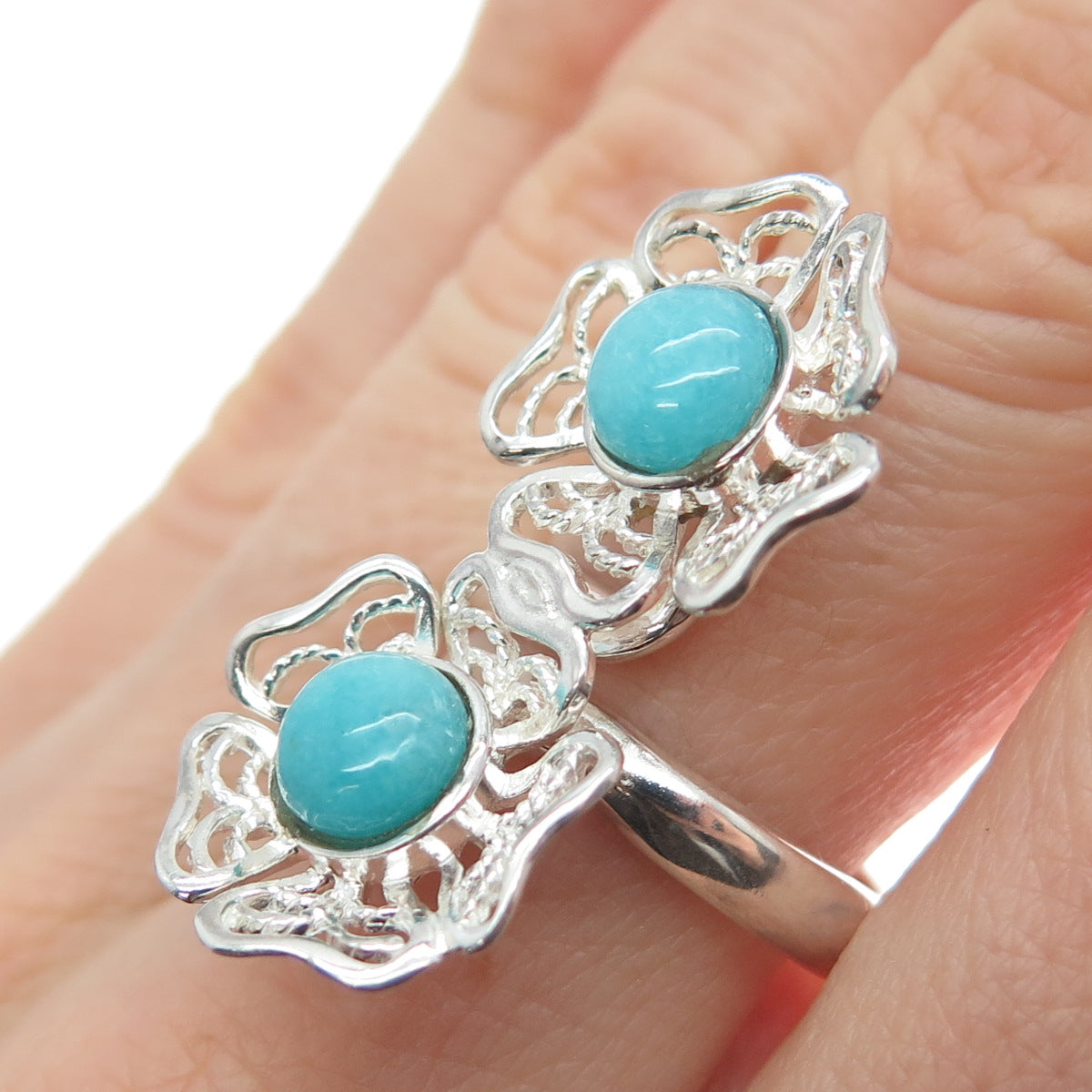 RIDER 950 Silver Vintage Real Turquoise Flower Blossom Bypass Ring Size 7