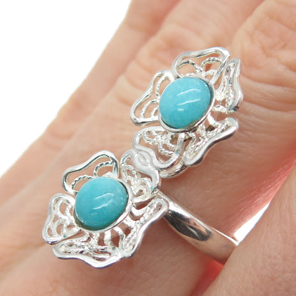 RIDER 950 Silver Vintage Real Turquoise Flower Blossom Bypass Ring Size 7