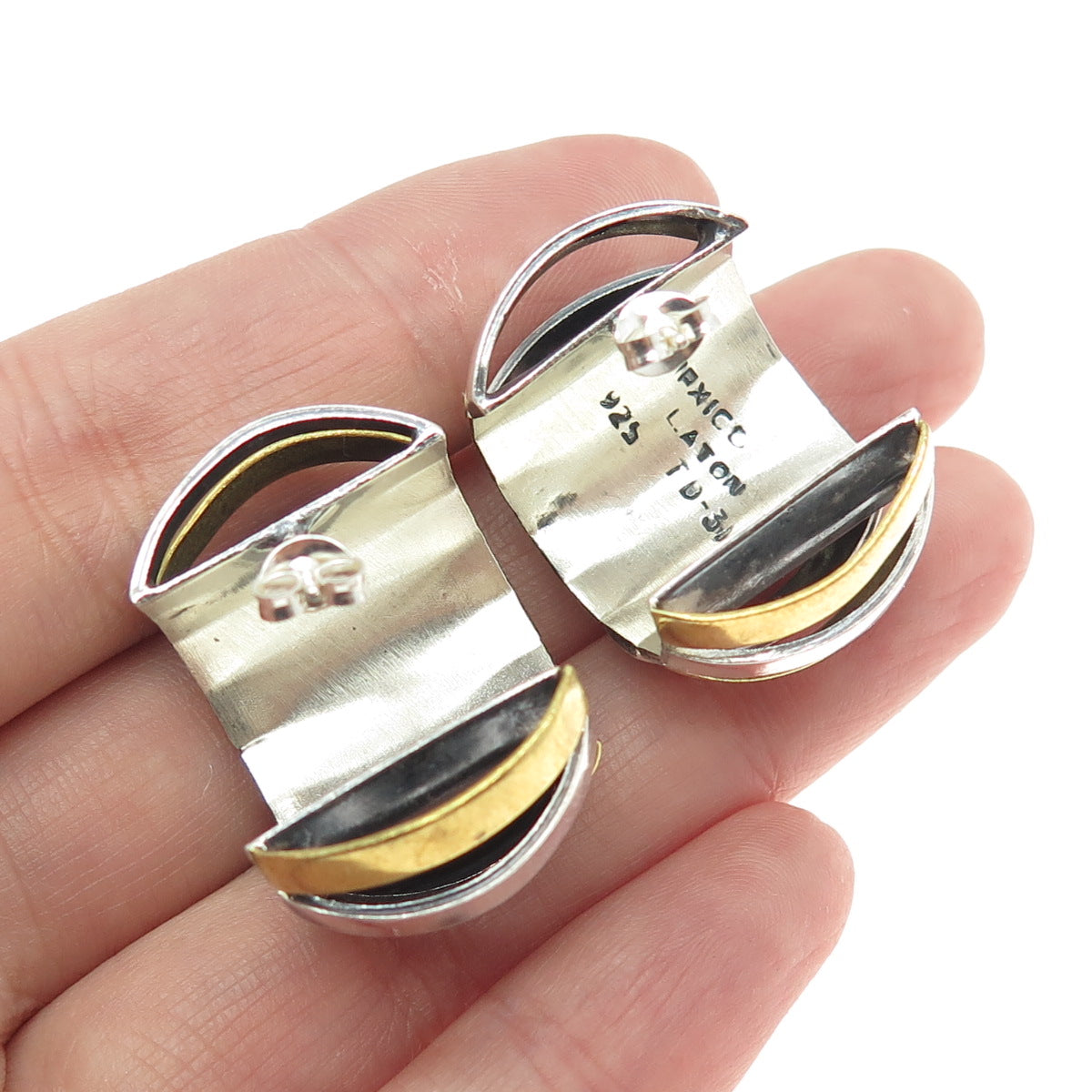 LATON 925 Sterling Silver 2-Tone Vintage Mexico Modernist Earrings