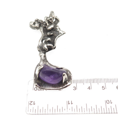 925 Sterling Silver Vintage Real Amethyst Modernist Nugget Slide Pendant