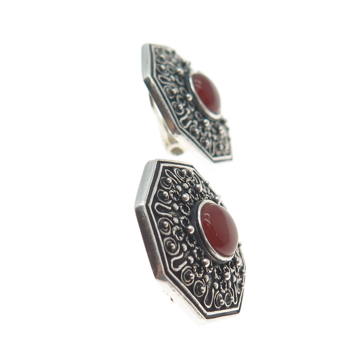 925 Sterling Silver Vintage Real Carnelian Granulated Oxidized Clip On Earrings