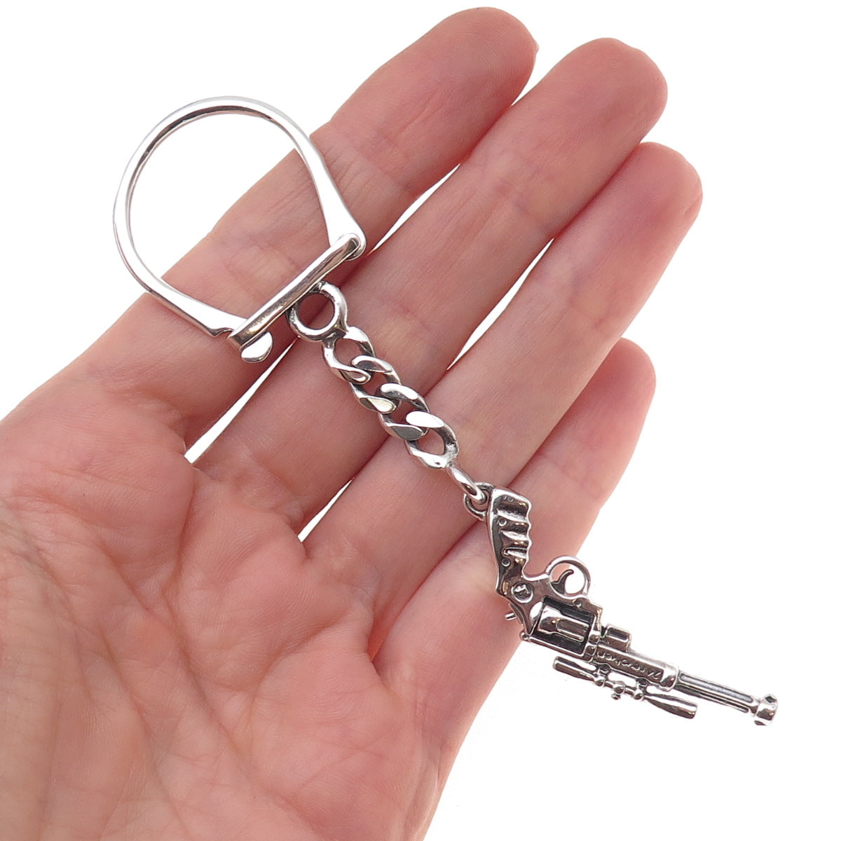 925 Sterling Silver Vintage Revolver Key Fob Chain