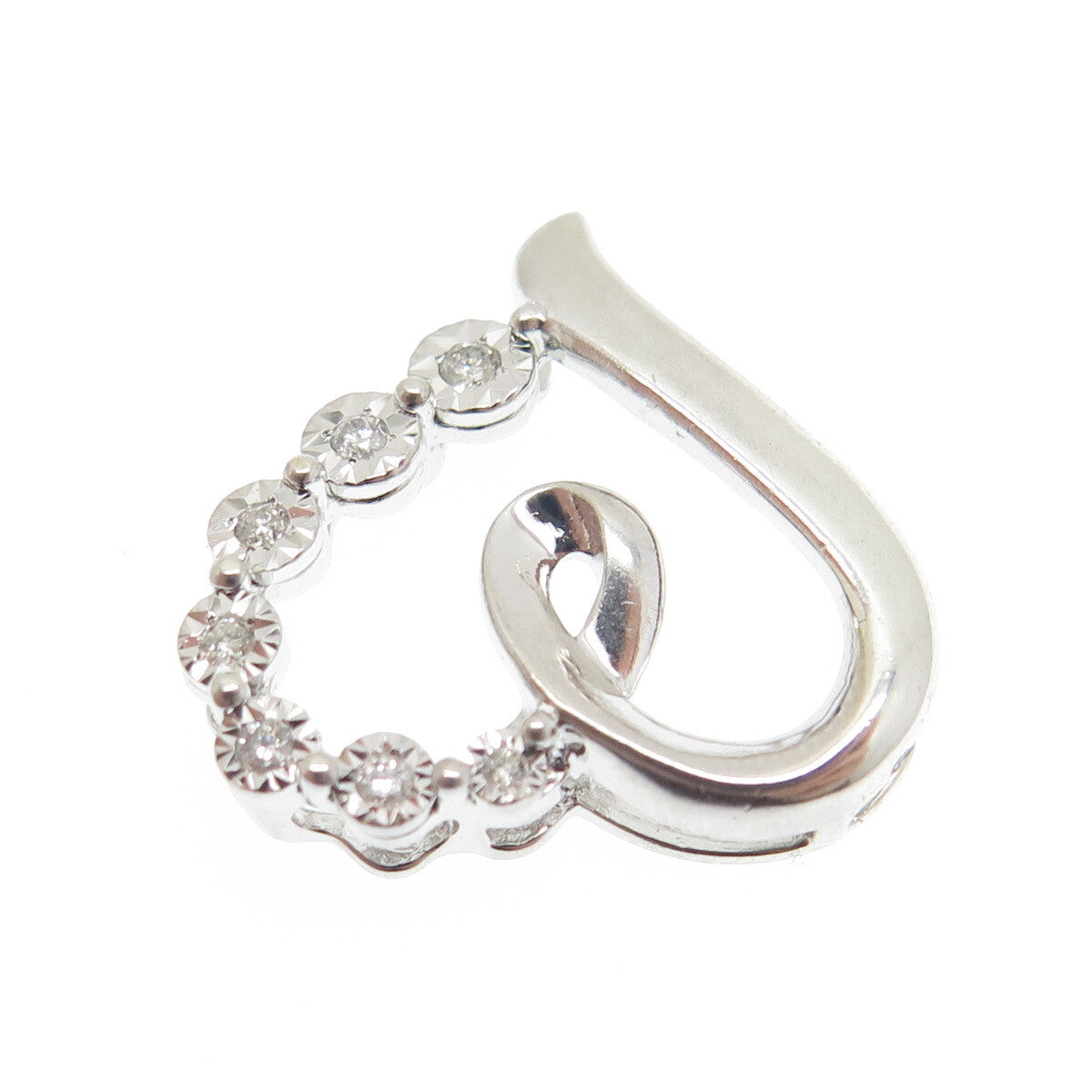 925 Sterling Silver Real Round-Cut Diamond Heart Slide Pendant