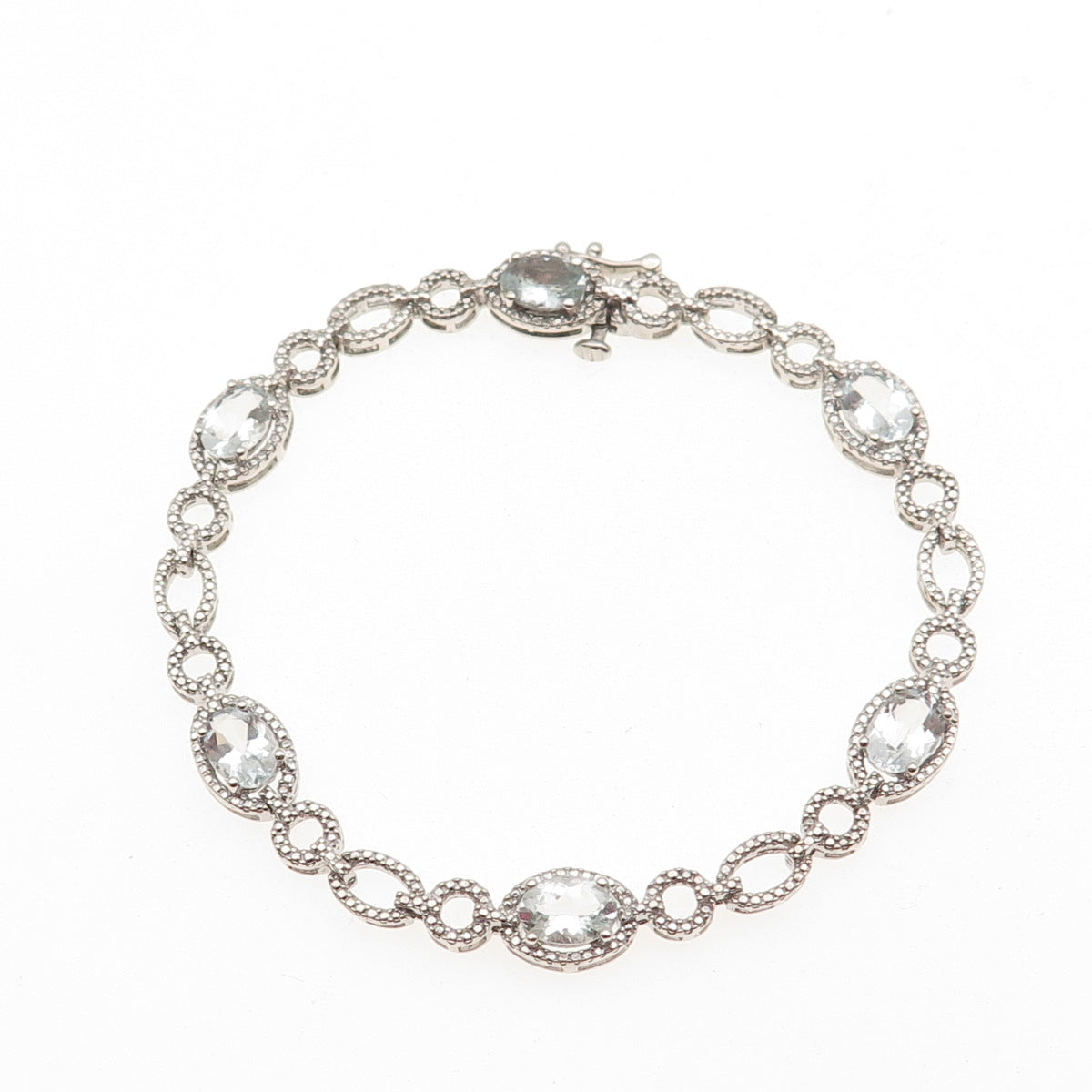 925 Sterling Silver Real Oval-Cut Aquamarine Station Link Bracelet 7"