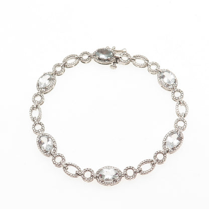 925 Sterling Silver Real Oval-Cut Aquamarine Station Link Bracelet 7"