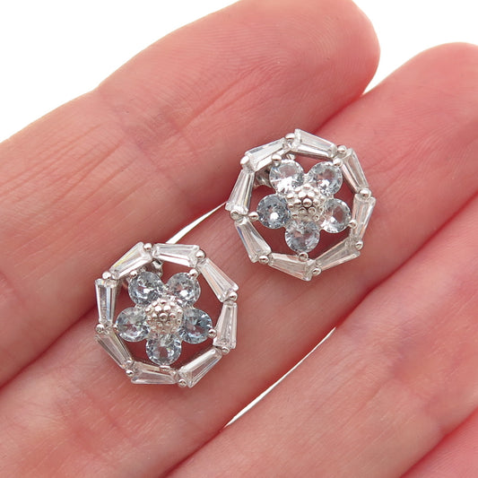 925 Sterling Silver Round-Cut Blue & Tapered Baguette-Cut White C Z Earrings