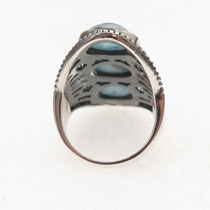 925 Sterling Silver Vintage Real Larimar & Blue Topaz Oxidized Ring Size 8