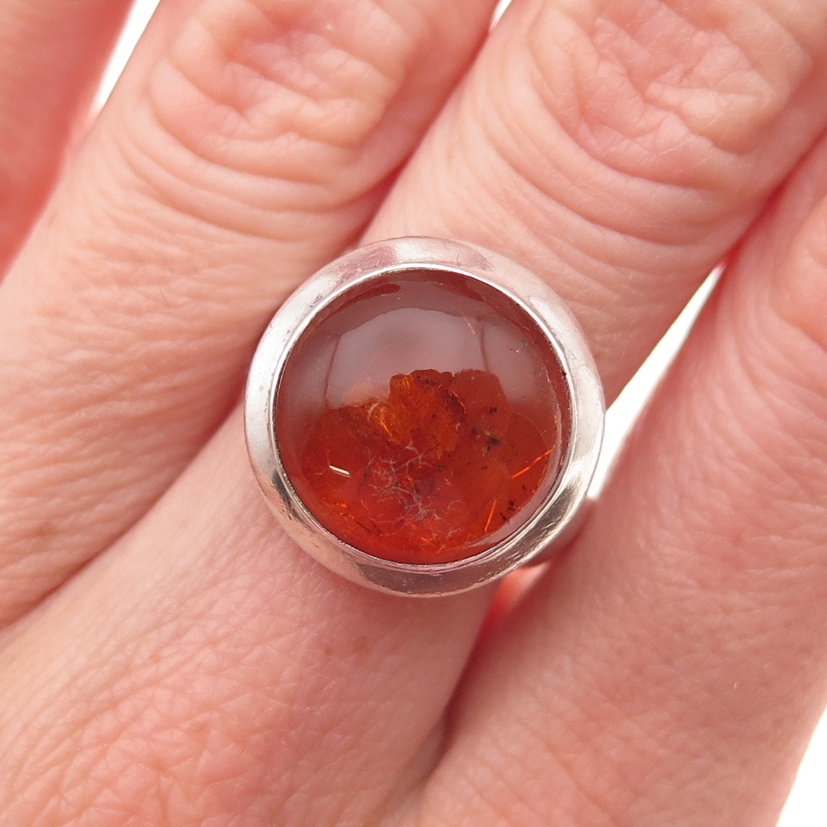 925 Sterling Silver Vintage Real Amber Modernist Oxidized Ring Size 6