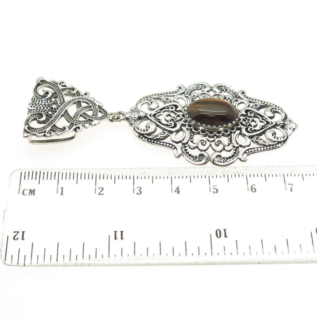 925 Sterling Silver Vintage Real Tiger Eye Celtic Knot Swirl Oxidized Pendant