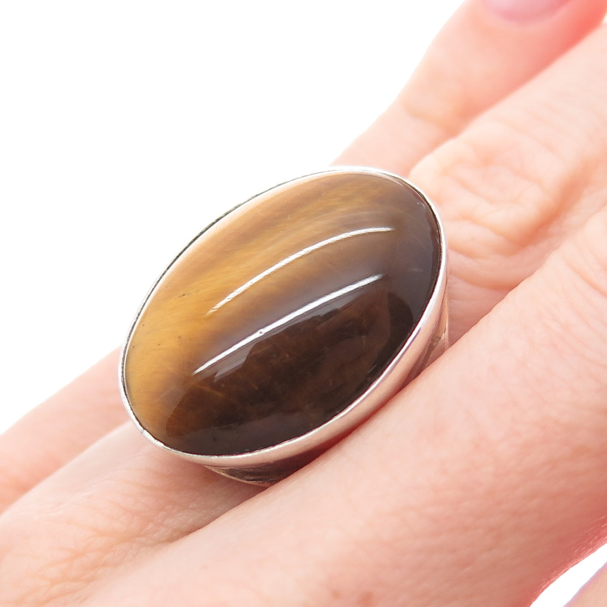 925 Sterling Silver Vintage Israel Real Tiger Eye Modernist Ring Size 4.75