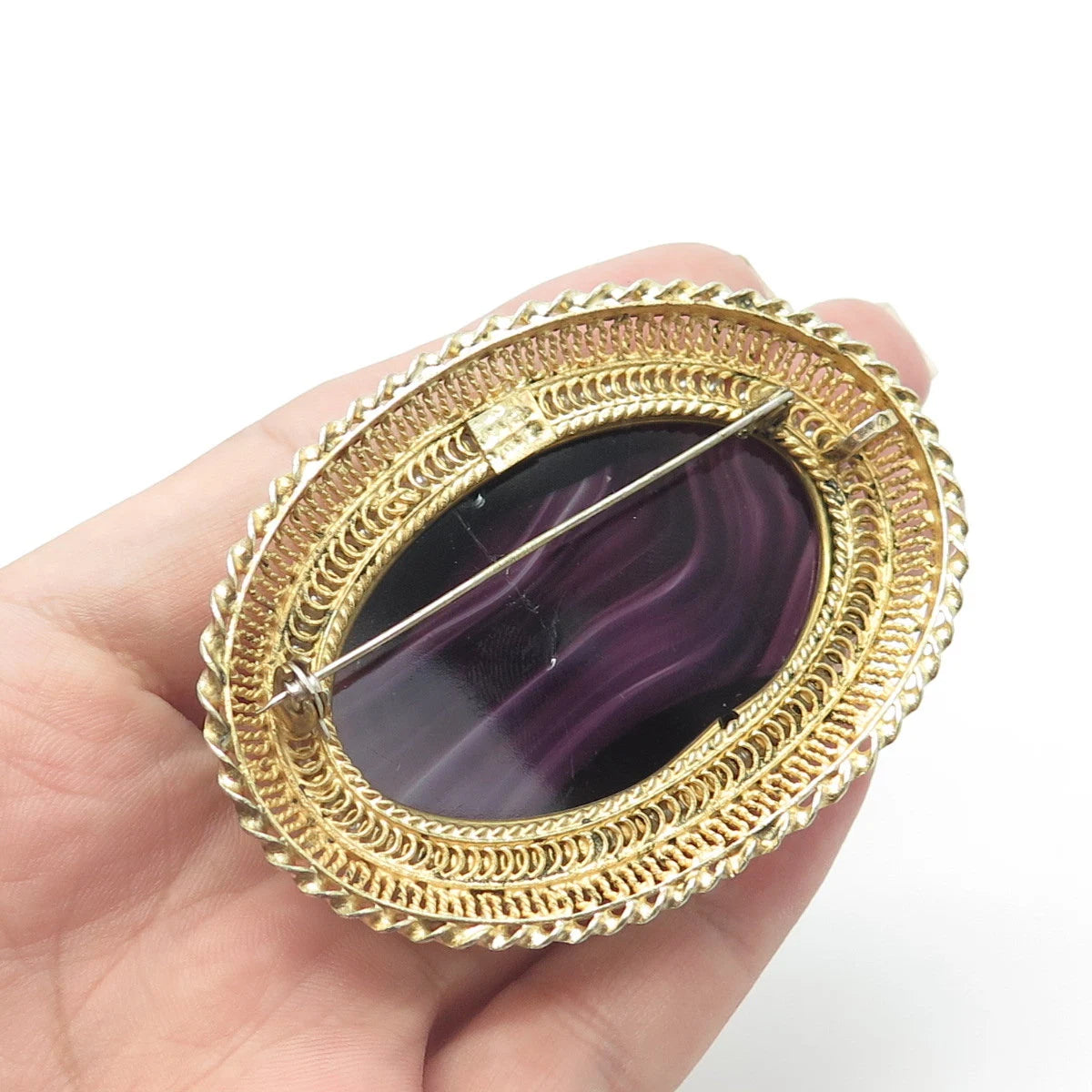 925 Sterling Silver Gold Plated Vintage Real Pearl & Lavender Glass Pin Brooch