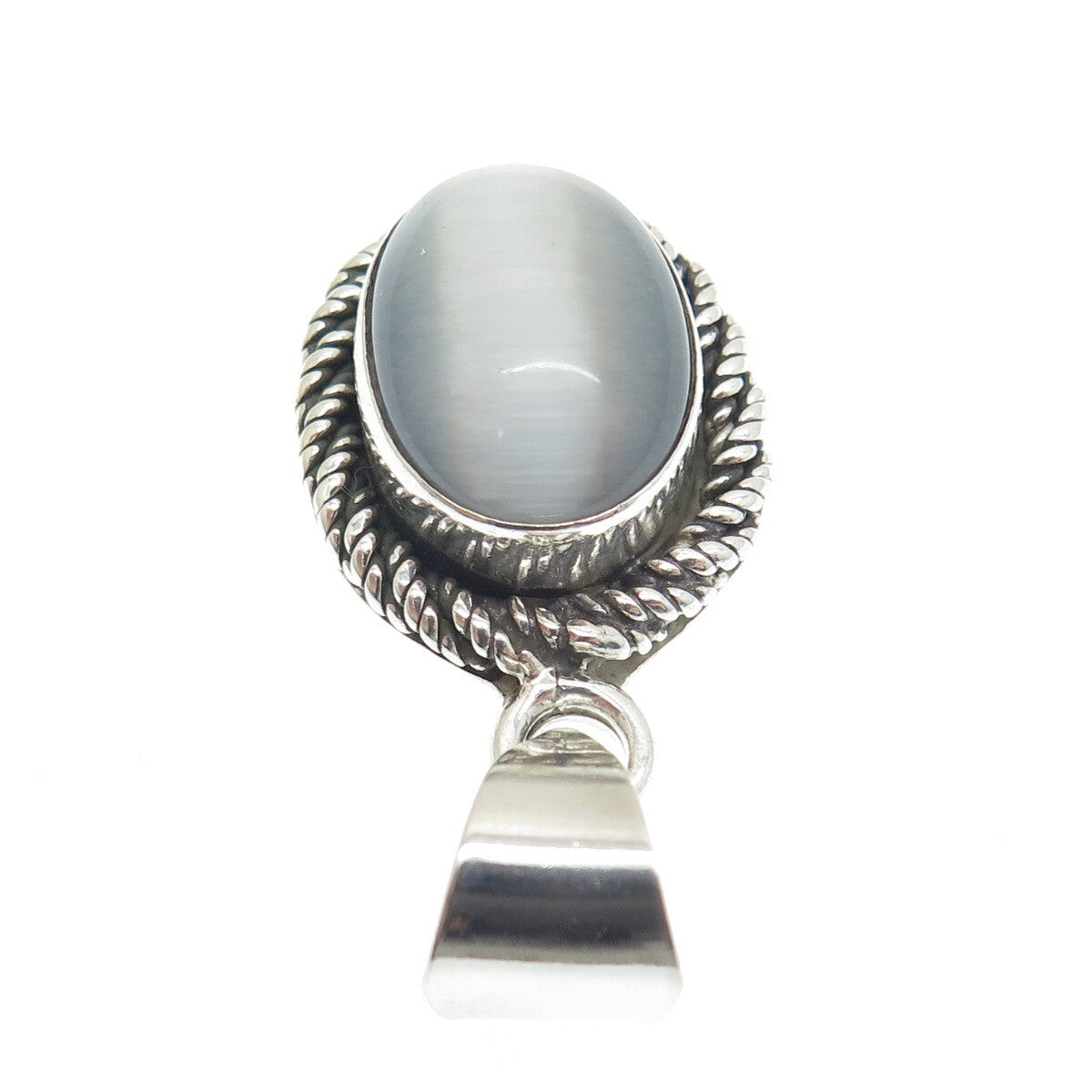 925 Sterling Silver Vintage Mexico Fiber Optic Cat's Eye Twisted Oval Pendant