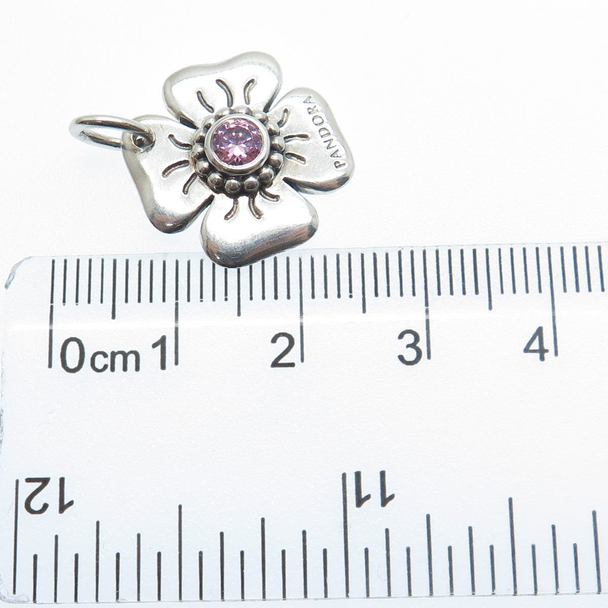 PANDORA 925 Sterling Silver Round-Cut Pink C Z Flower Charm Pendant