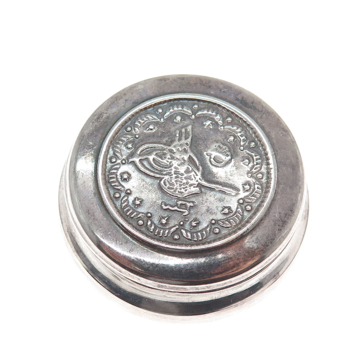 SENER 900 Silver Vintage Allah Religious Oxidized Pill Box