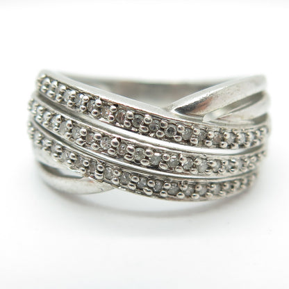 KN Kajal Naina Sterling Silver Real Round-Cut Diamond Crisscross Ring Size 7.25
