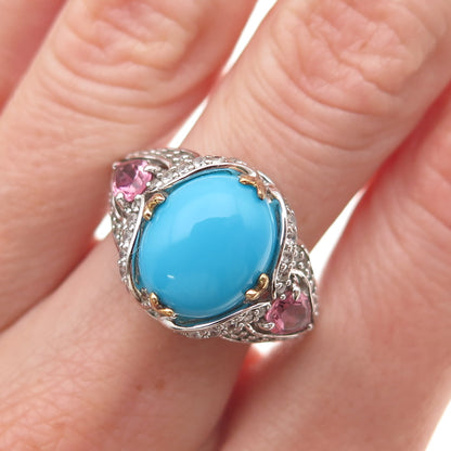 925 Sterling 2-Tone Real Turquoise Pink Amethyst White Topaz Ring Size 8.25