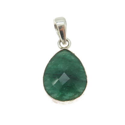 925 Sterling Silver Vintage Real Pear-Cut Emerald Teardrop Pendant