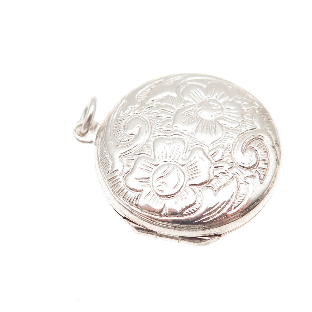 925 Sterling Silver Vintage Floral Repousse Round Locket Charm Pendant