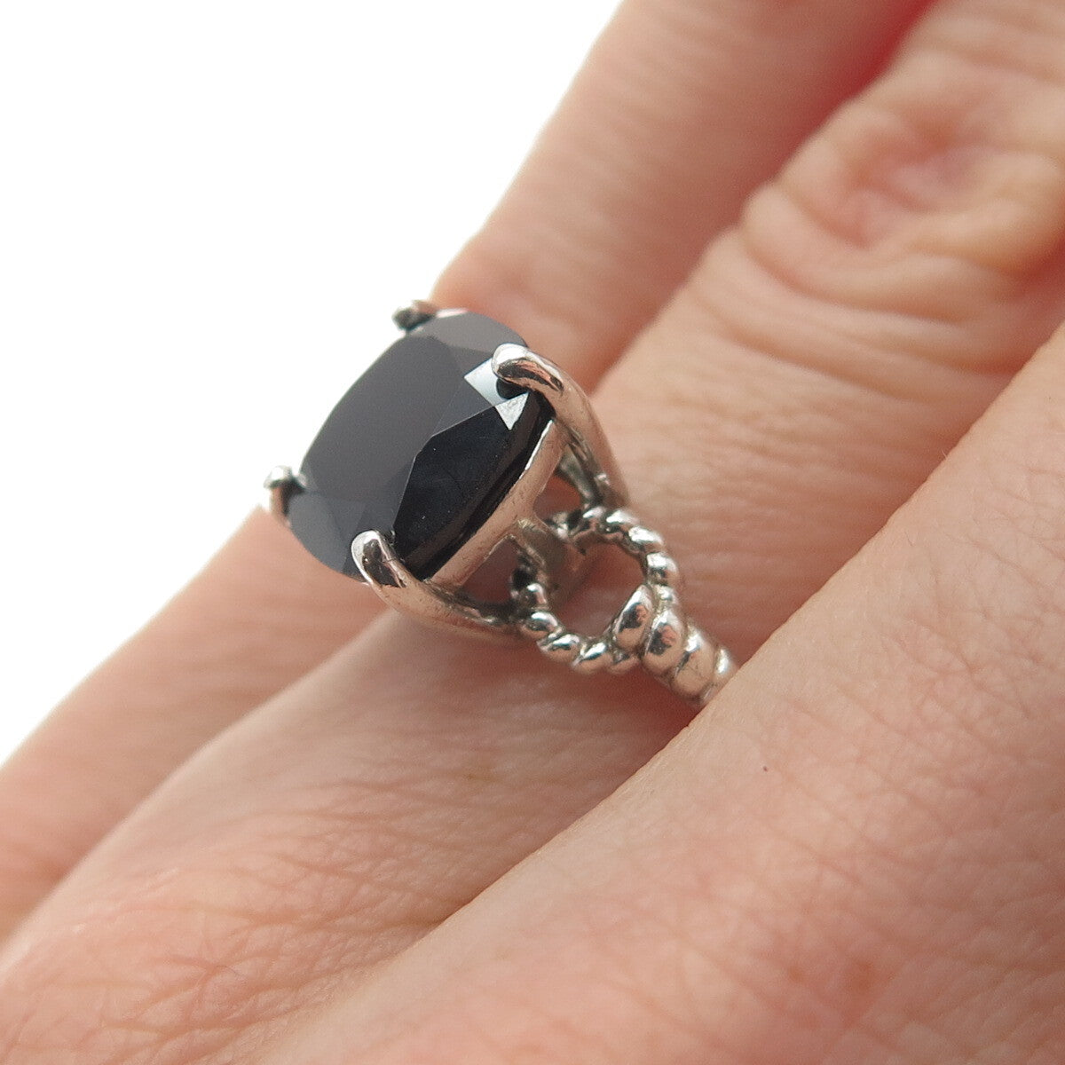 TGGC 925 Sterling Silver Vintage Checkered Black Spinel Twisted Ring Size 5.25