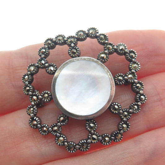 925 Sterling Silver Vintage Real MOP & Marcasite Flower Oxidized Pin Brooch