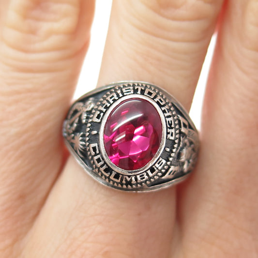 DRILLING Sterling Vintage 1980 Lab-Pink Sapphire C. Columbus School Ring Size 8
