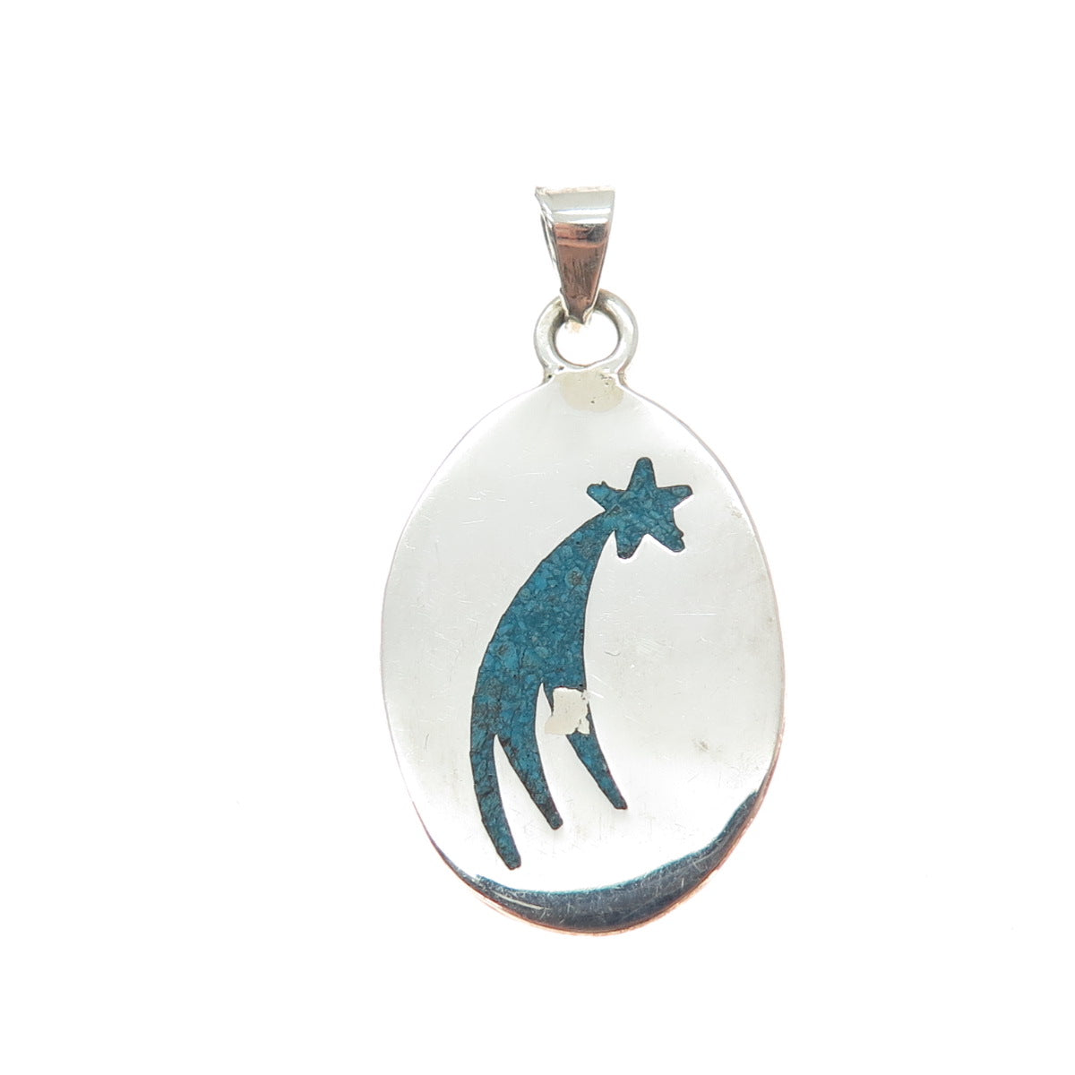 925 Sterling Silver Vintage Mexico Real Turquoise Inlay Falling Star Pendant