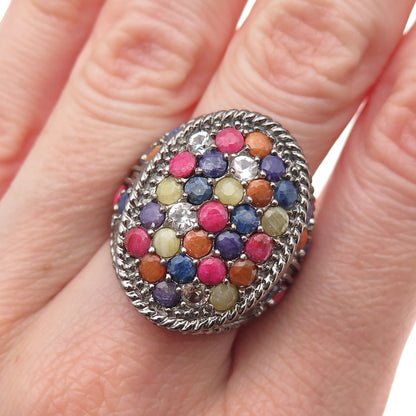 925 Sterling Silver Black Rhodium Real Multi-Color Sapphire Ring Size 7.75