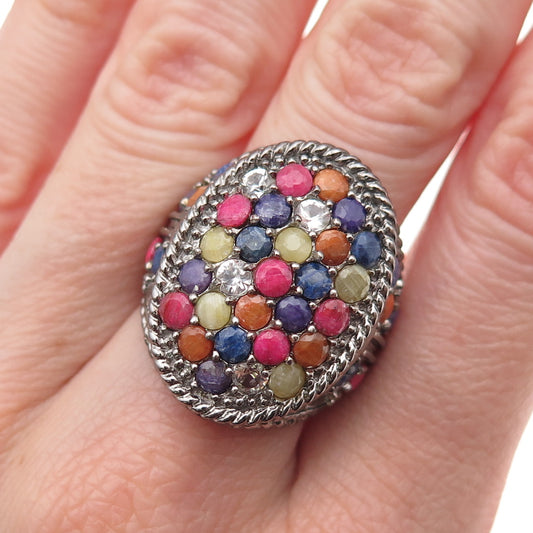 925 Sterling Silver Black Rhodium Real Multi-Color Sapphire Ring Size 7.75